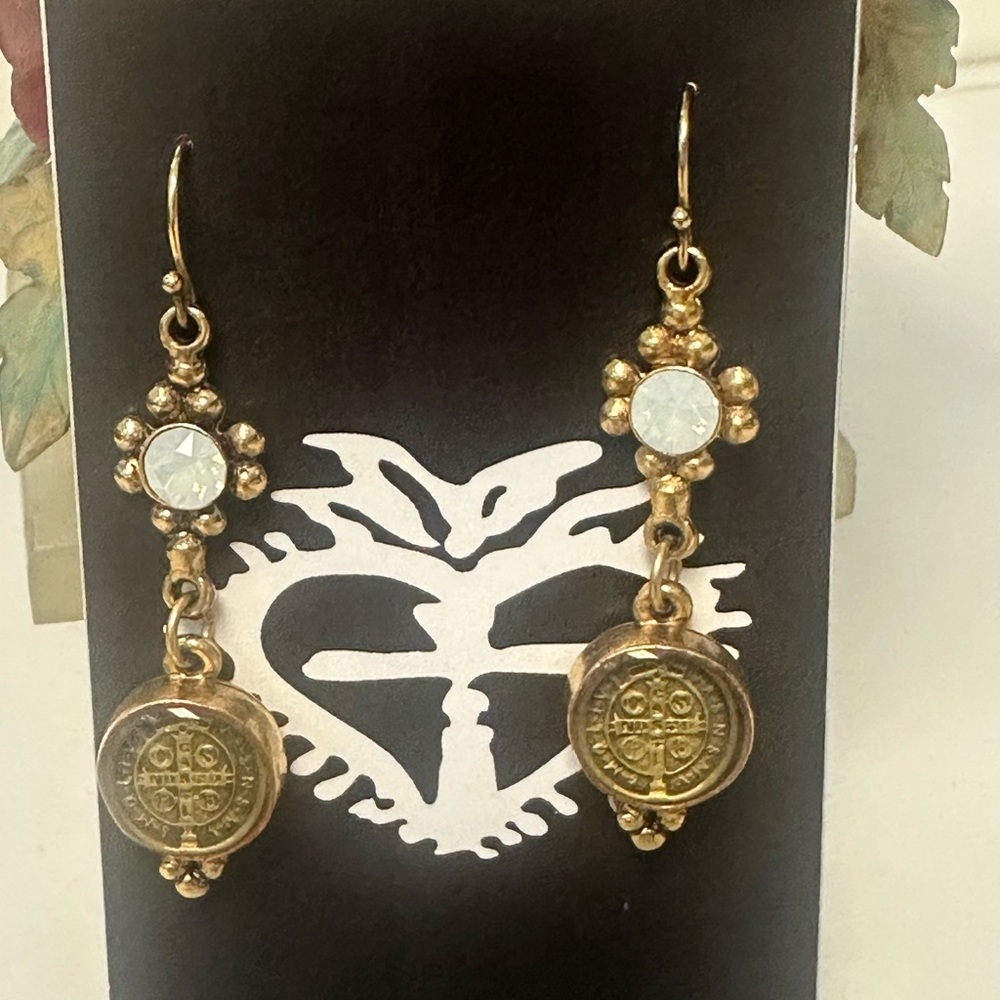 Virgins, Saints and Angels Gold Dangle Earrings with Crystal Accents